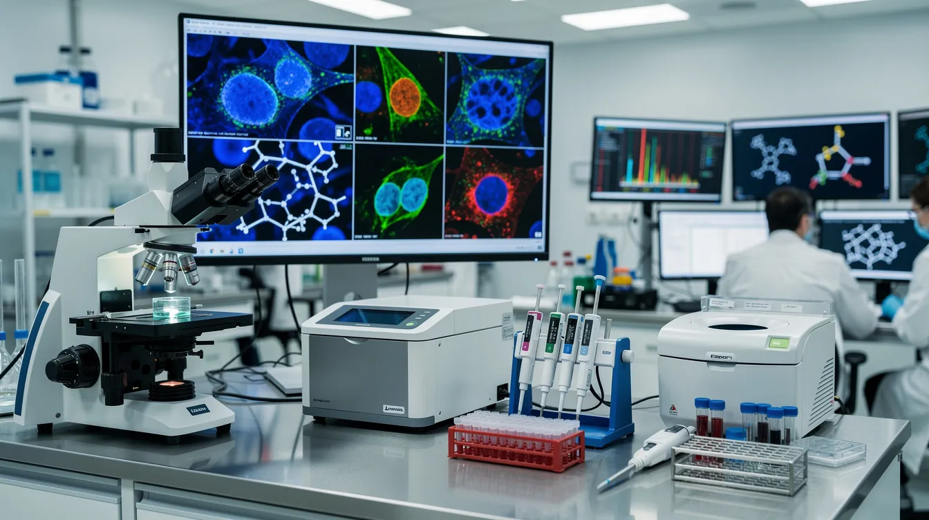 The image depicts a laboratory filled with advanced molecular research equipment and detailed cellular imagery, highlighting the focus on studies related to nicotinamide mononucleotide (NMN) and its potential health benefits. This setting emphasizes the importance of ongoing research into NMN supplementation for metabolic health and its role in age-related diseases.