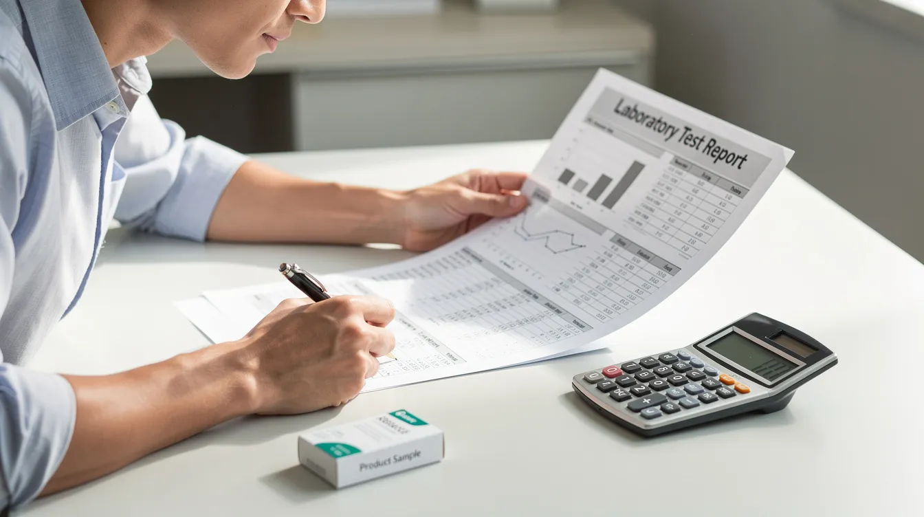 The image depicts a person seated at a desk, focused on a calculator while a small product package and a printed lab report are placed in front of them. This scene suggests an examination of hemp-derived products, possibly related to the legal status of THCA in Iowa and its implications for medical marijuana patients.