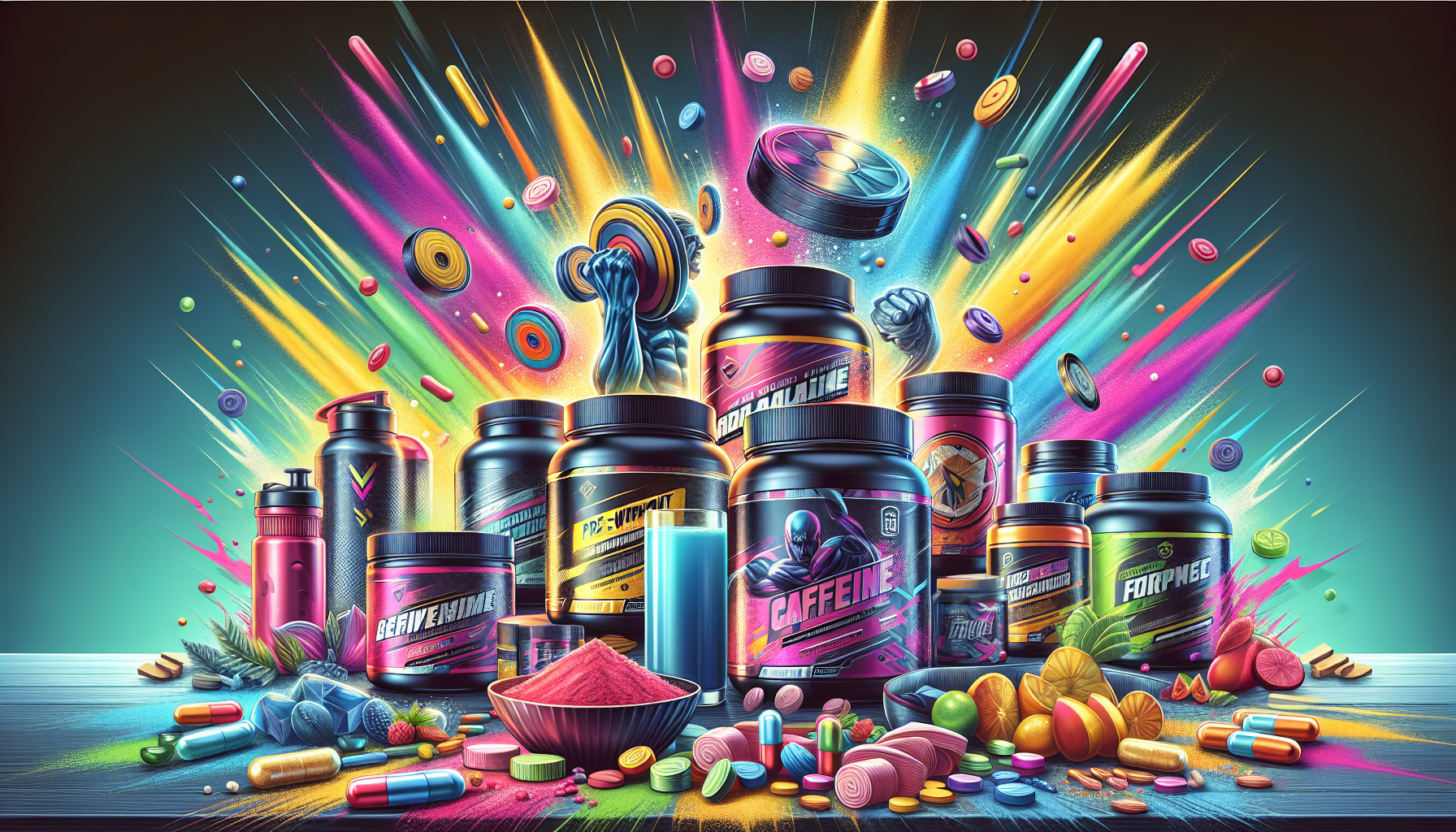 An illustration depicting various pre workout supplements and their ingredients.