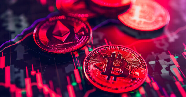An illustration showcasing Ethereum and Bitcoin logos in a red market. 