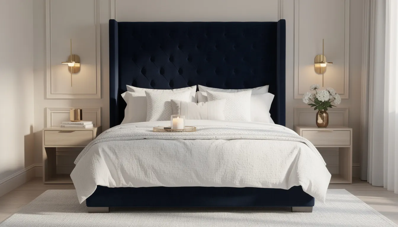 Deze sfeervolle slaapkamer is ingericht met een donkerblauwe fluwelen hoofdbord, gelaagd wit beddengoed en stijlvolle accessoires, terwijl de gouden accentverlichting een warme sfeer creëert. De perfecte indeling en hoogwaardige materialen zorgen voor een luxe uitstraling, ideaal voor een goede nachtrust.