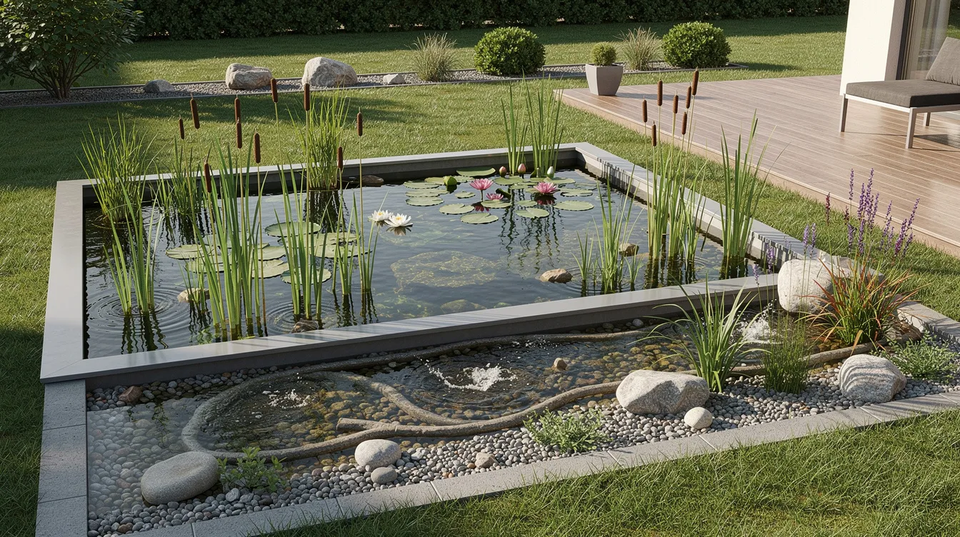 Un bassin de roseaux et de plantes aquatiques est visible dans un jardin résidentiel, intégrant un système de filtration naturelle qui illustre les avantages de la phytoépuration pour l'assainissement. Ce dispositif écologique permet le traitement des eaux usées tout en embellissant l'espace extérieur.