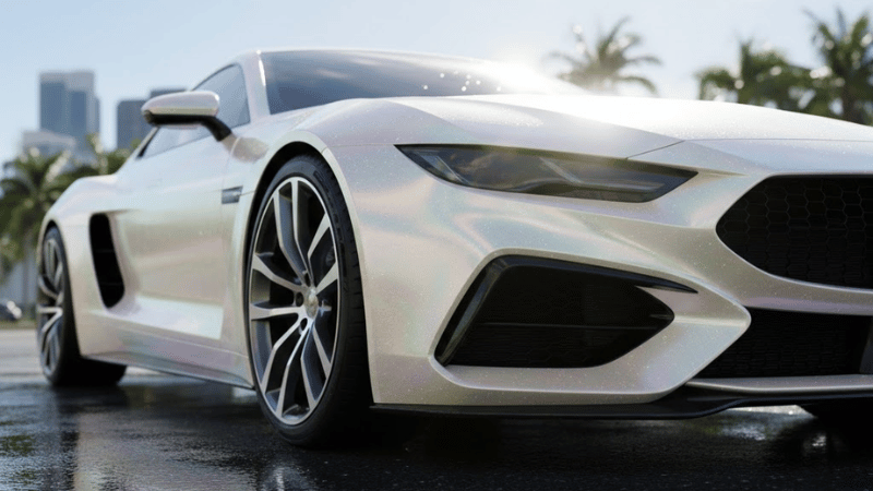 A car in pearl white iridescent car wrap 