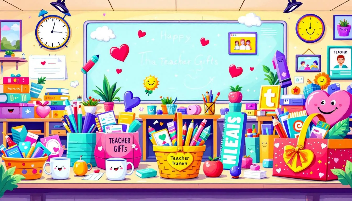 Fun and practical teacher gifts including gift baskets and personalized items.