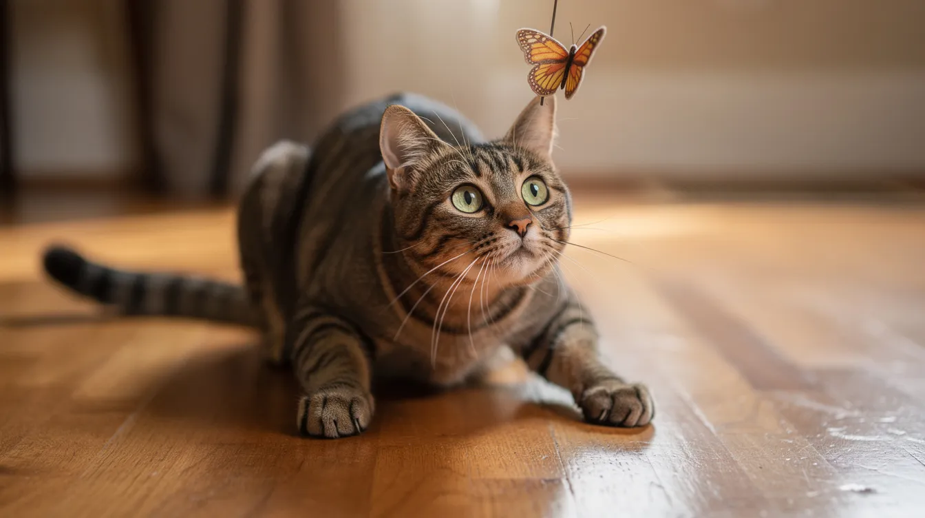 A focused tabby cat crouches low on a hardwood floor, its wide eyes locked onto a small butterfly toy fluttering just above its head, showcasing the playful nature of cats as they chase interactive cat toys. The scene captures the essence of feline curiosity and the joy of playtime in the home.