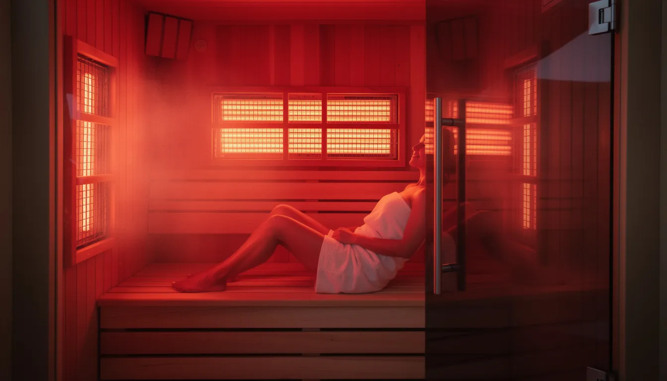 A person is relaxing inside a modern wooden infrared sauna cabin, surrounded by glowing red LED panels that emit infrared heat. This serene setting promotes relaxation and supports weight loss efforts through infrared sauna therapy, enhancing blood circulation and aiding in fat burning.