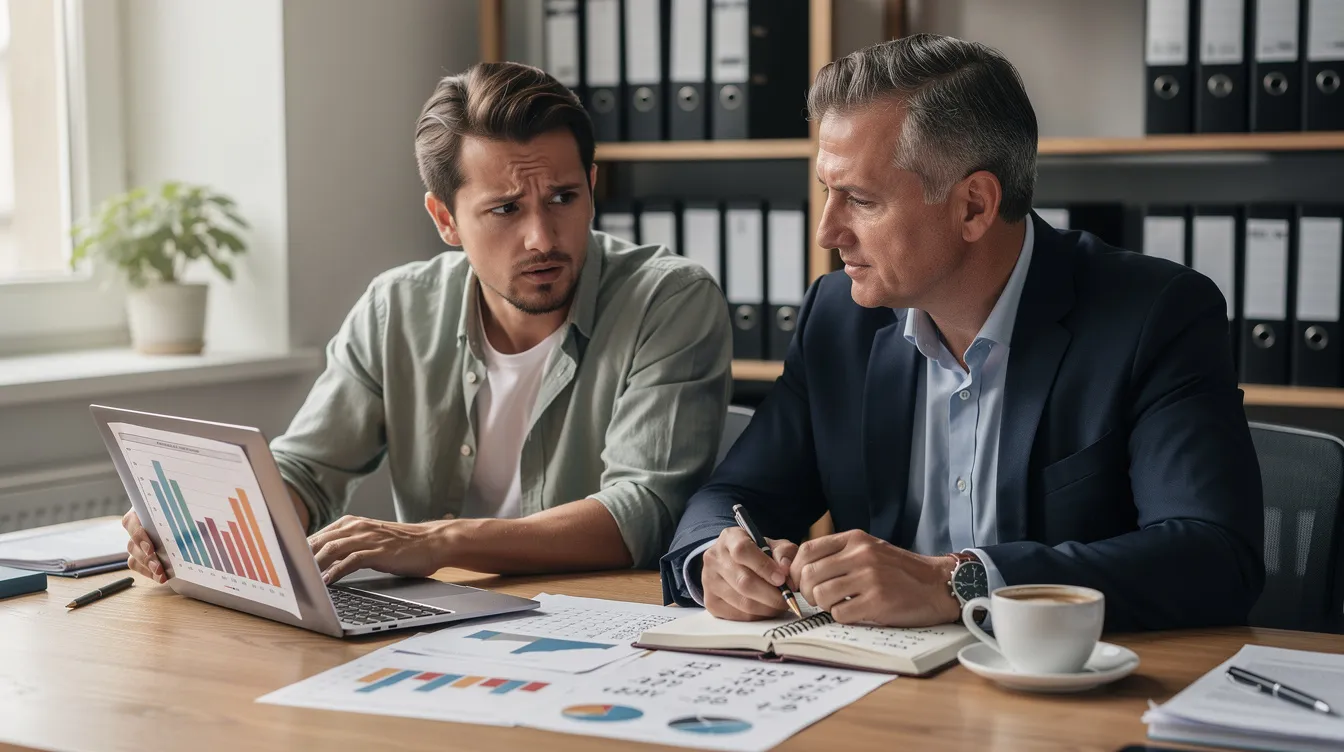 The image depicts a small business owner seated at a desk, engaged in a discussion with a financial advisor who is reviewing documents related to loan applications and repayment terms. They appear focused on understanding the financial situation, possibly discussing details about personal loans and interest rates.