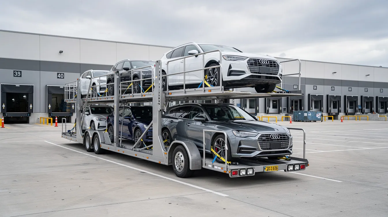 A multi-level car carrier trailer is parked at a loading facility, showcasing several sedans and SUVs securely fastened for transport. This scene highlights the operations of a leading vehicle transport provider, emphasizing their commitment to safe vehicle logistics and efficient auto transport solutions.