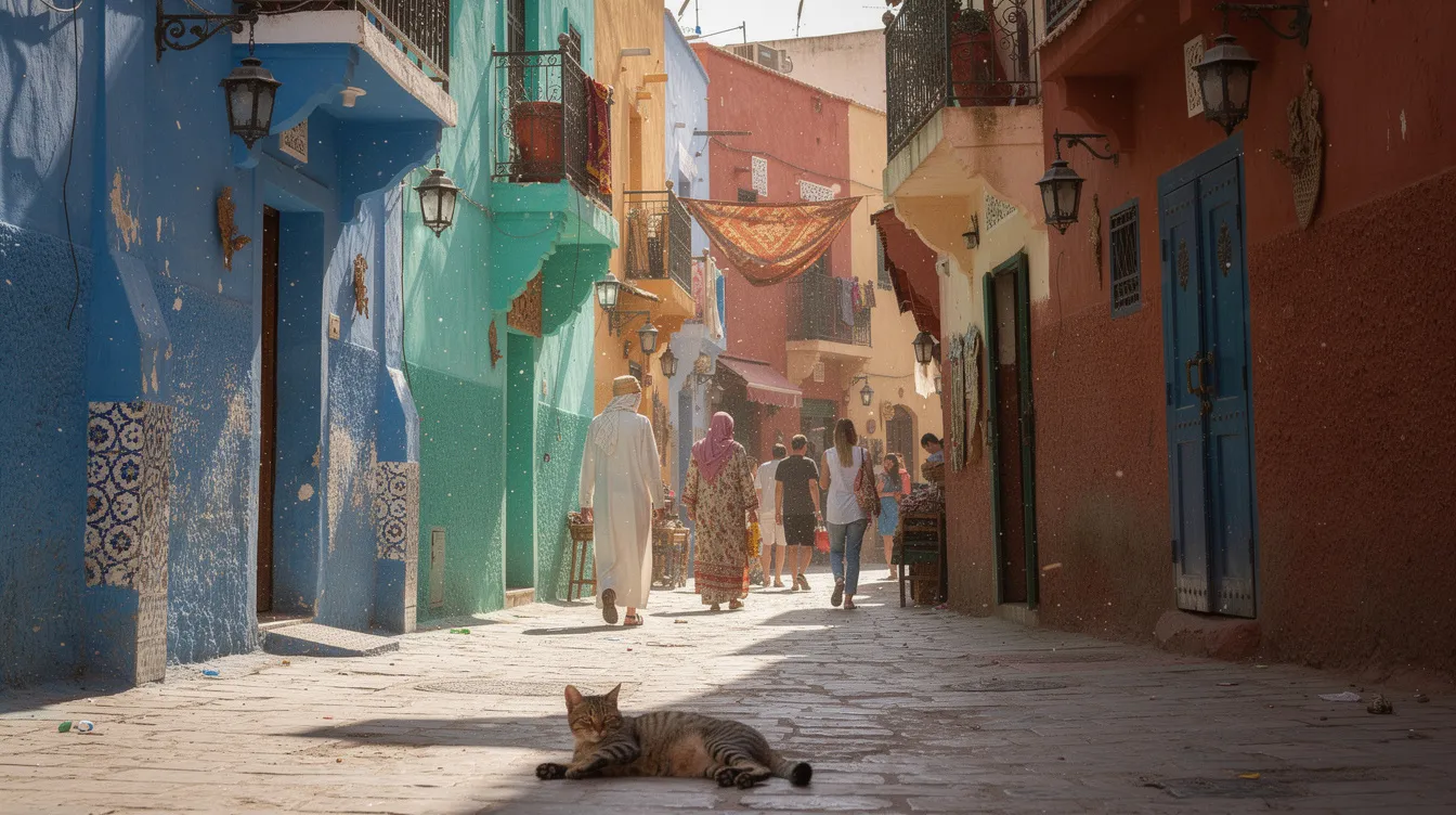 Une ruelle étroite et colorée dans une médina marocaine.