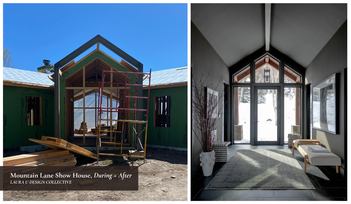 Before and after view of a modern mountain home entry with dramatic peaked ceilings, large glass doors, and a minimalist interior hallway.