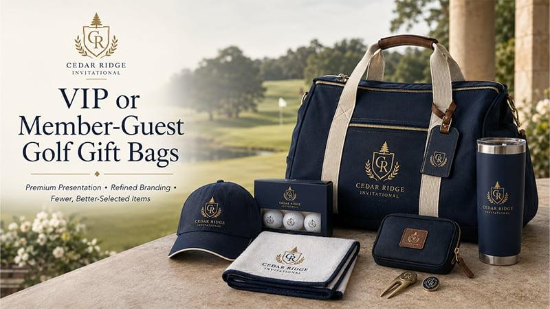 Premium VIP golf gift bag with duffel, cap, towel, tumbler, golf balls, valuables pouch, divot tool, and ball marker