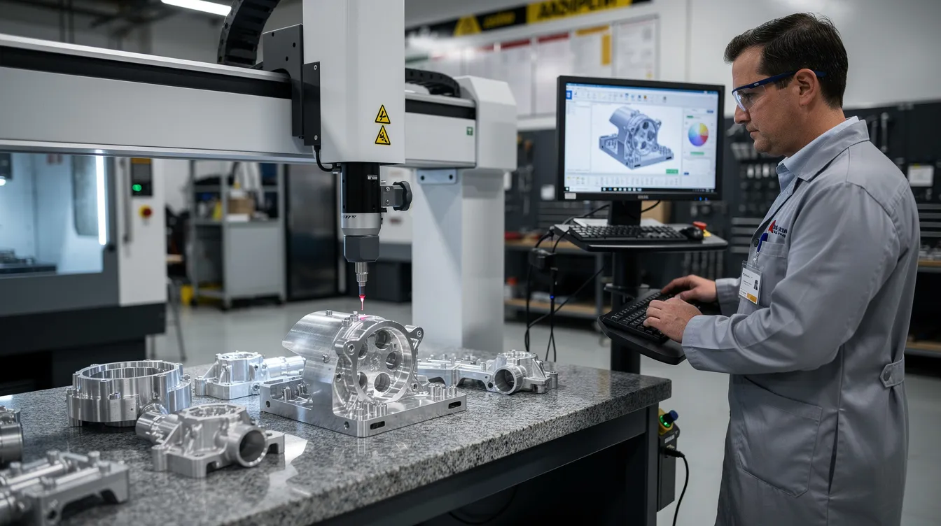 A quality inspector is using a coordinate measuring machine to verify the dimensions of precision machined aluminum aerospace parts, ensuring they meet the high standards required for the aerospace industry. This inspection process is crucial for maintaining tight tolerances and quality in rapid prototyping services and mass production of aerospace components.