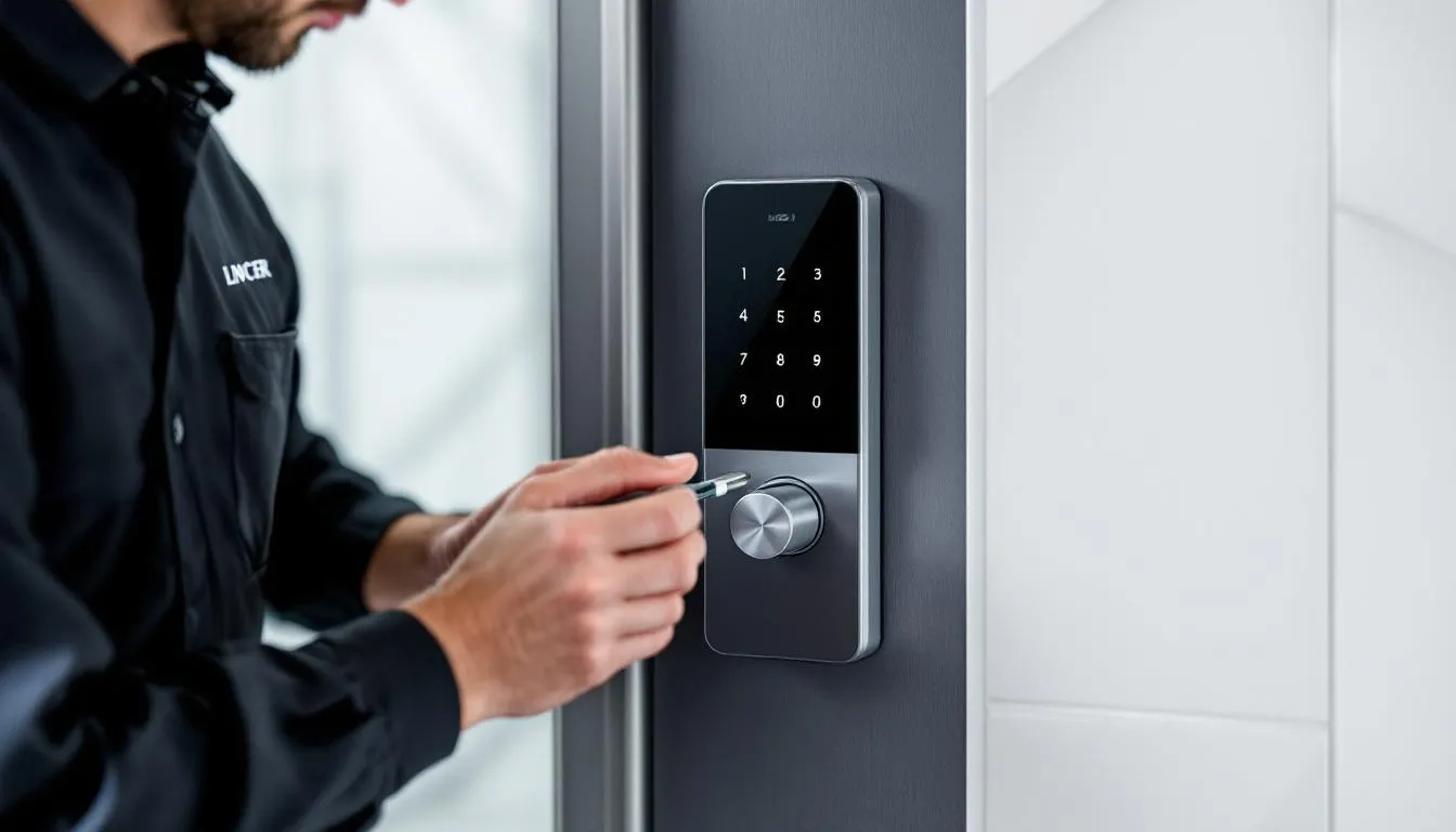 A professional technician installing a digital lock for enhanced security.