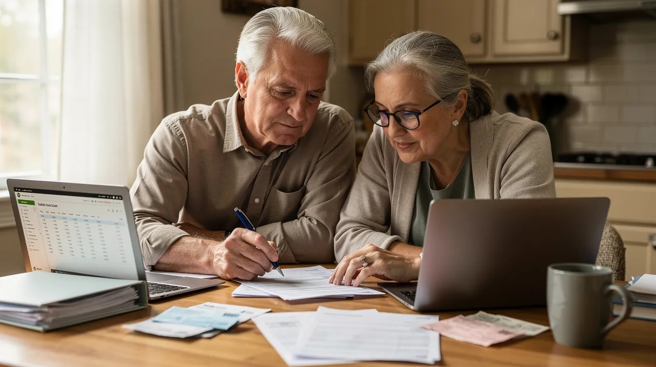 An older couple is seated at a kitchen table, reviewing financial paperwork that likely includes their retirement plan, savings, and potential social security benefits to ensure a financially secure retirement. They appear focused as they discuss their retirement options and strategies for managing expenses in their retirement years.