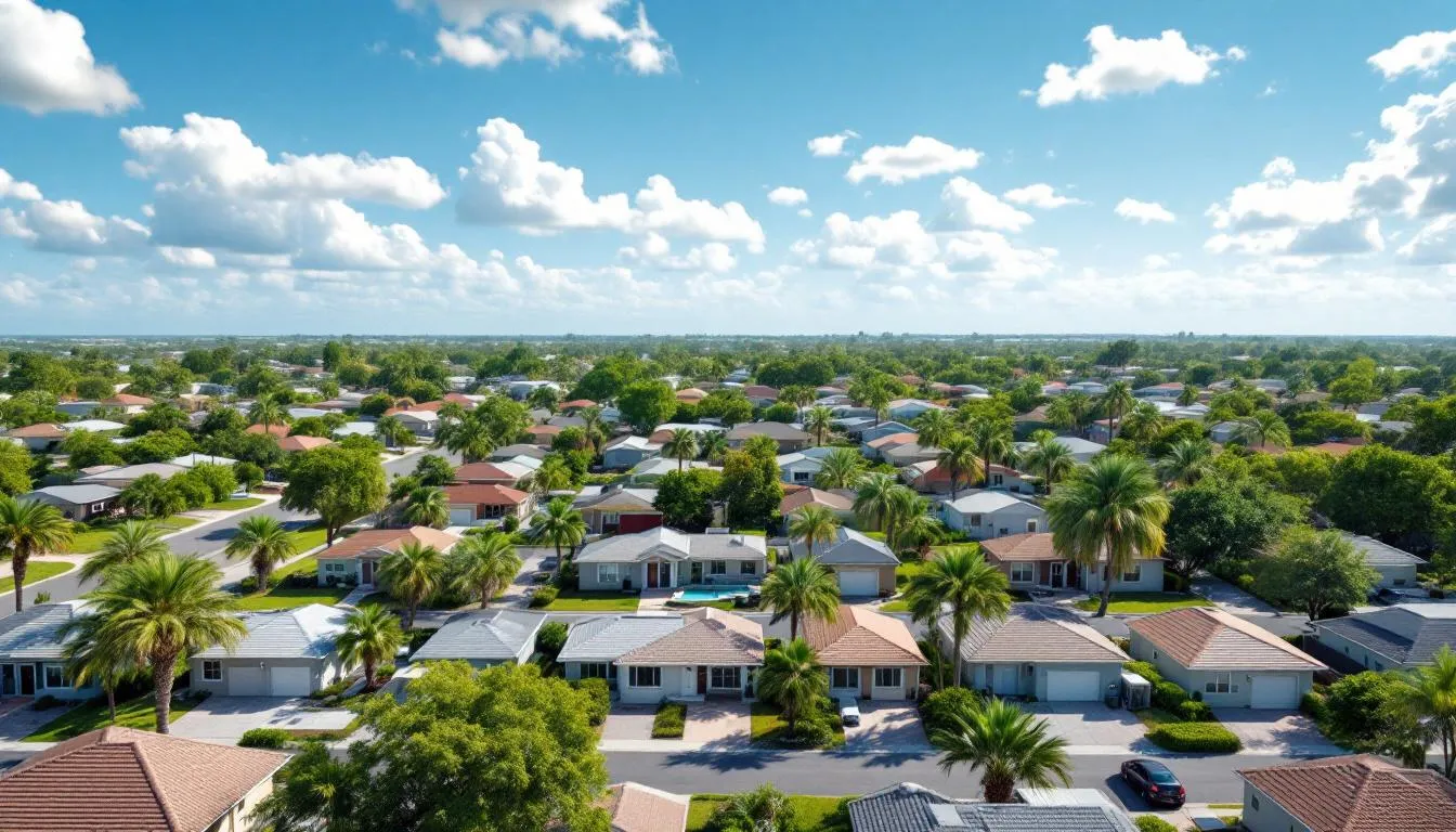 An aerial view of a 1300 square foot house situated in a middle-class neighborhood in Fort Myers Shores, surrounded by small lots and multiple other homes. This image highlights the residential properties available for sale, showcasing the layout and accessibility of the area for prospective buyers.