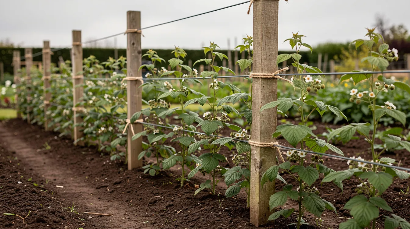 The image shows raspberry canes tied to a wire trellis system in a garden row, showcasing healthy raspberry plants ready to produce fruit. Some canes display ripe red and yellow raspberries, indicating a promising harvest during the growing season.