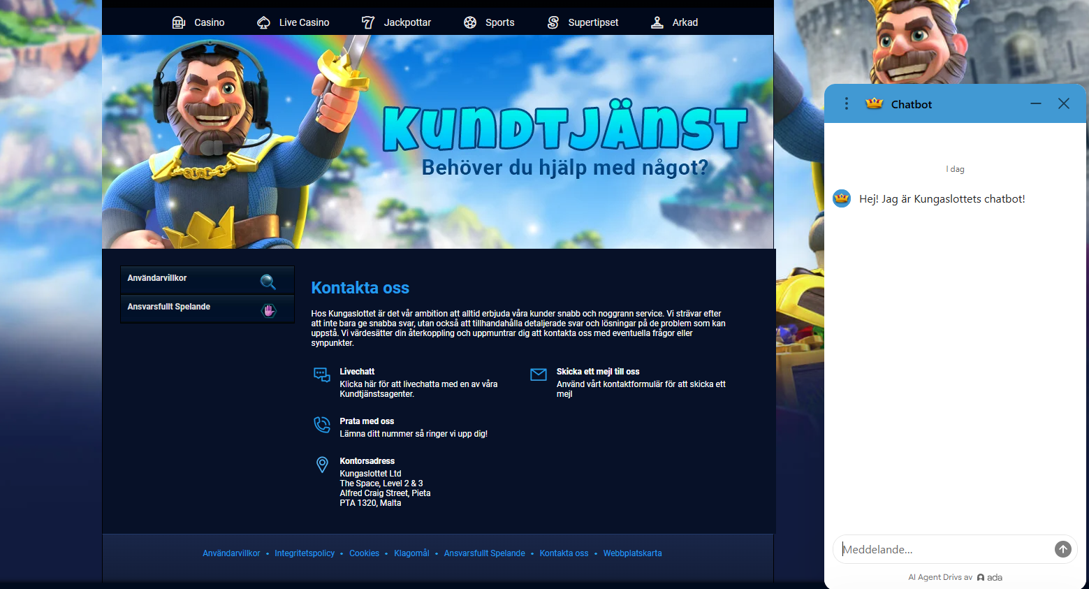 Kungaslottets kundtjänst med live chatt, chatbot, kontaktformulär och möjlighet att bli uppringd.