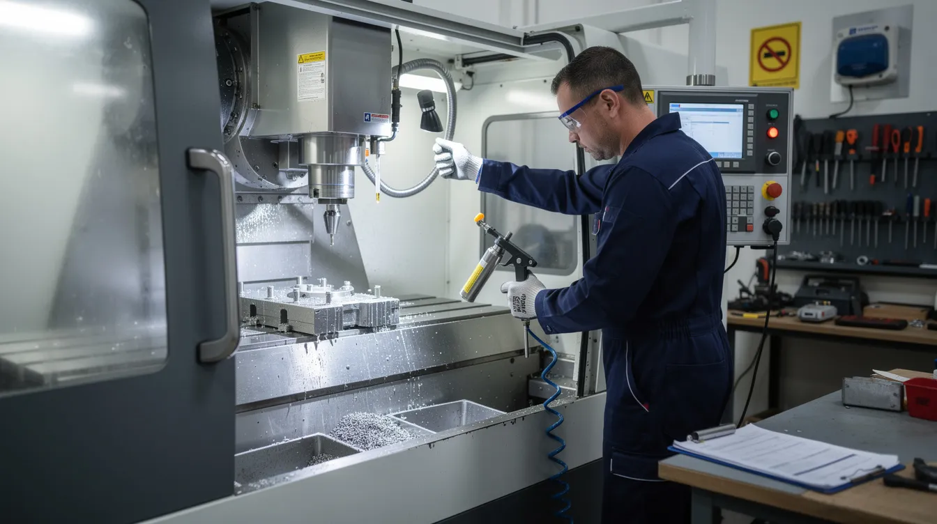 A technician is performing maintenance on a CNC milling machine, carefully checking lubrication points and inspecting critical spindle components to ensure optimal performance and prevent costly repairs. This proactive maintenance helps maintain the machine's precision and functionality, adhering to the manufacturer's guidelines for proper care.
