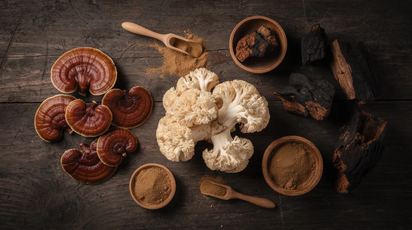 The image features a variety of functional mushrooms, including reishi, lion's mane, and chaga, beautifully arranged on a dark wooden surface. These medicinal mushrooms are known for their numerous health benefits, such as immune support and cognitive function enhancement, making them popular ingredients in mushroom supplements and gummies.