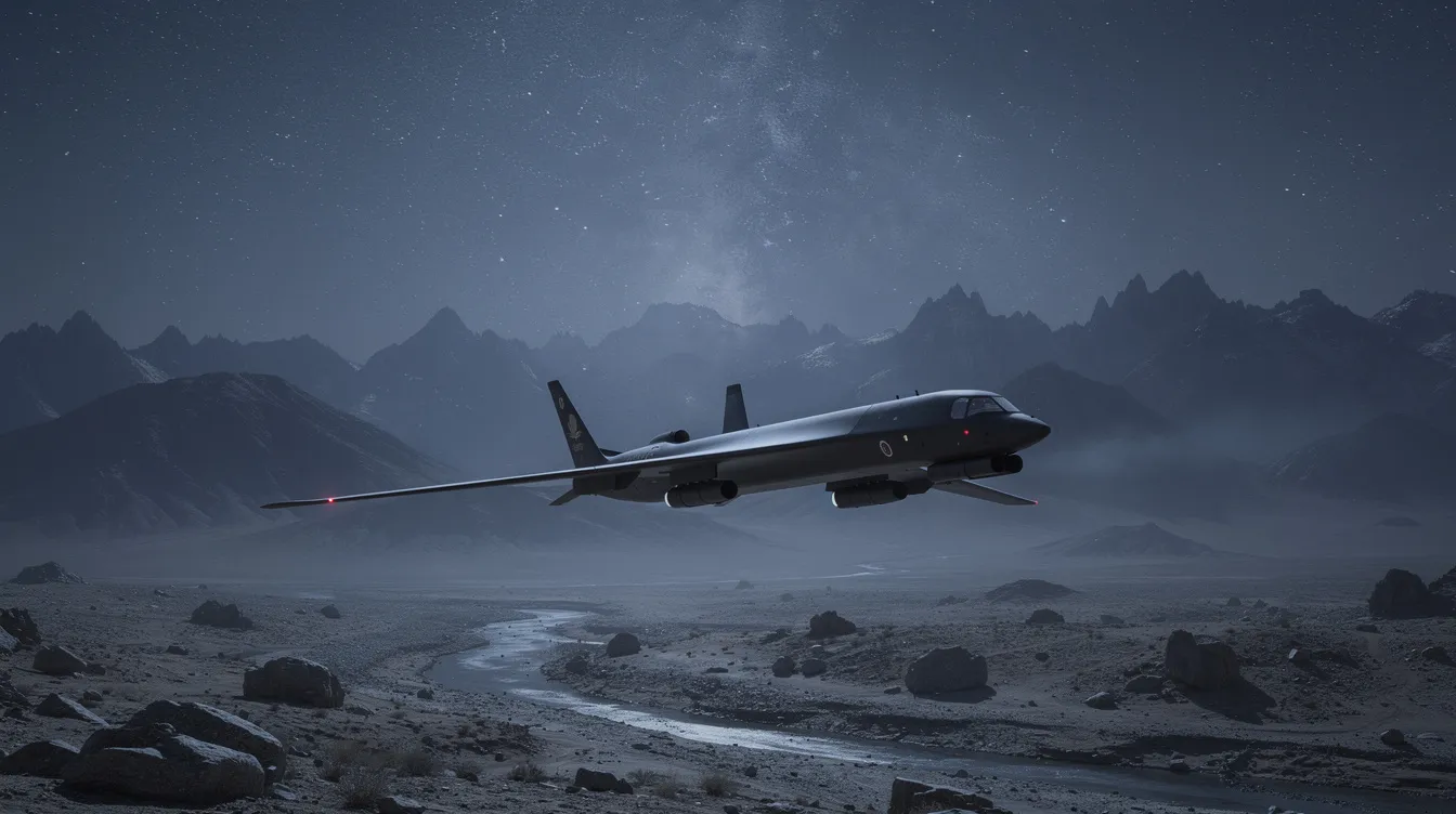 A stealth military bomber aircraft is flying at night over a mountainous desert landscape, highlighting the strategic military presence of the United States in the region, particularly in the context of tensions with Iran. The dark silhouette of the aircraft contrasts against the starry sky, emphasizing the stealth technology used in operations related to the ongoing conflict.