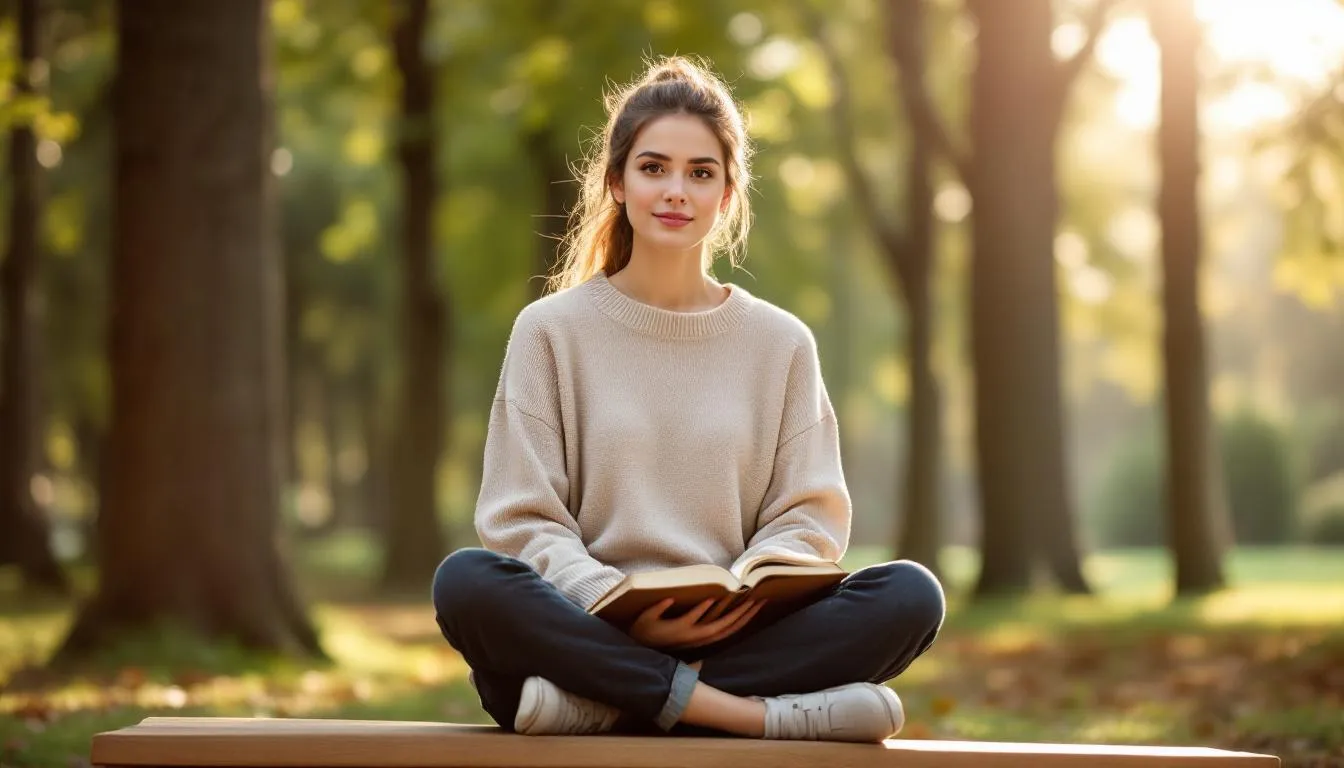 A person is sitting peacefully in a serene environment, appearing relaxed and alert, without any signs of drowsiness or sedation. This calm demeanor may suggest they are effectively managing symptoms related to vestibular disorders, potentially through treatments like betahistine, which is known to alleviate vertigo symptoms.