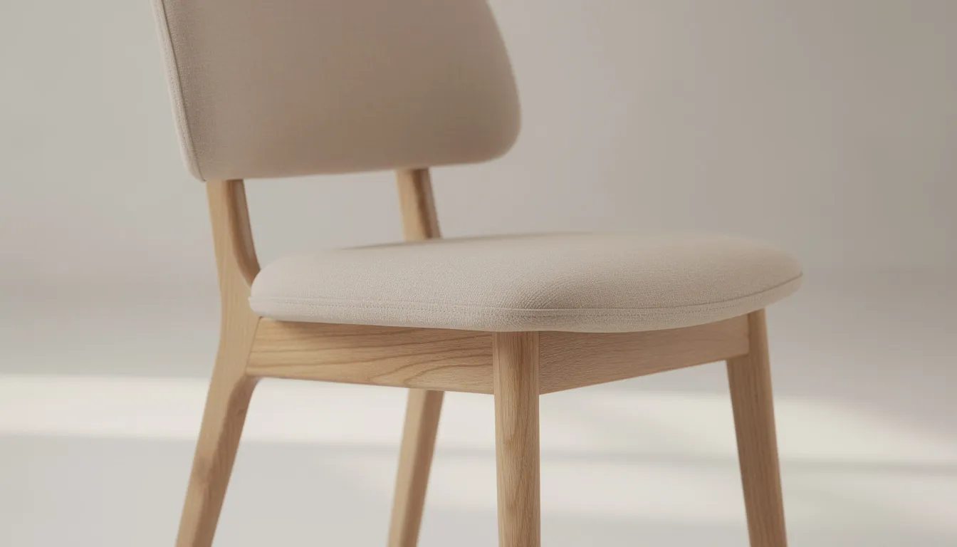 Close-up van een stijlvolle eetkamerstoel met een comfortabele beige stoffen zitting en een natuurlijk eiken houten onderstel, wat bijdraagt aan de tijdloze uitstraling en het optimale zitcomfort. Deze eetkamerstoel past perfect in verschillende interieurstijlen en is ideaal voor lange diners aan de eettafel.