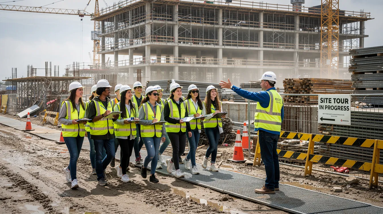 A group of high school students wearing hard hats and safety vests is touring a large, active construction site, guided by an experienced professional. This experience highlights the importance of construction education and the growing demand for skilled workers in the construction industry.