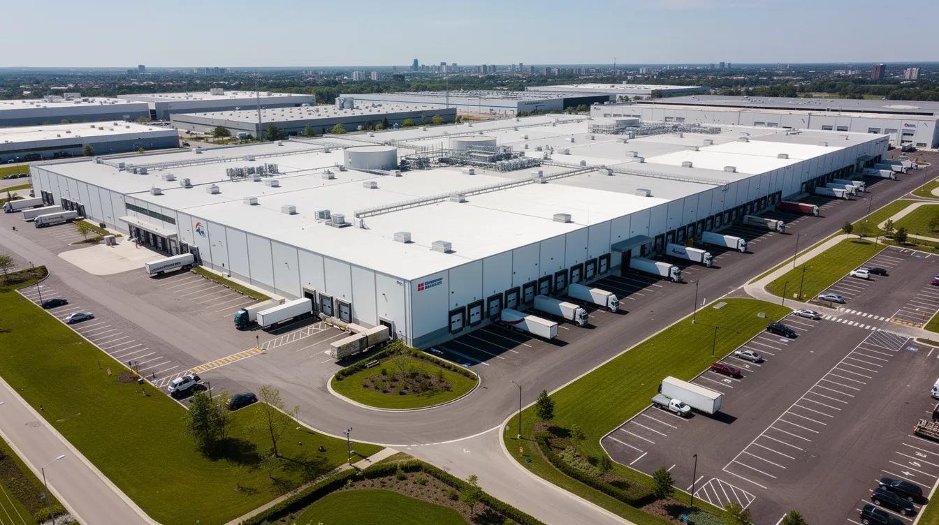 An aerial view of a modern food processing industrial park showcases multiple factory buildings and loading docks, indicating a hub for yogurt manufacturing. This facility likely supports the production of various dairy products, including Greek yogurt, with an emphasis on efficient processing and distribution within the global Greek yogurt market.
