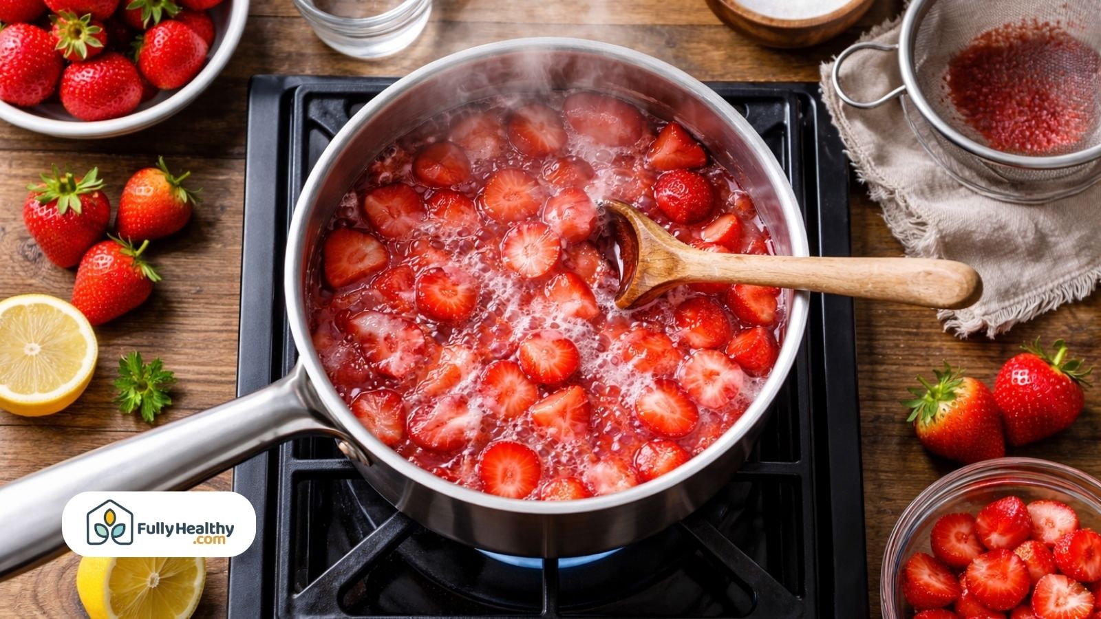 Sliced strawberries simmering in saucepan to make fresh strawberry syrup