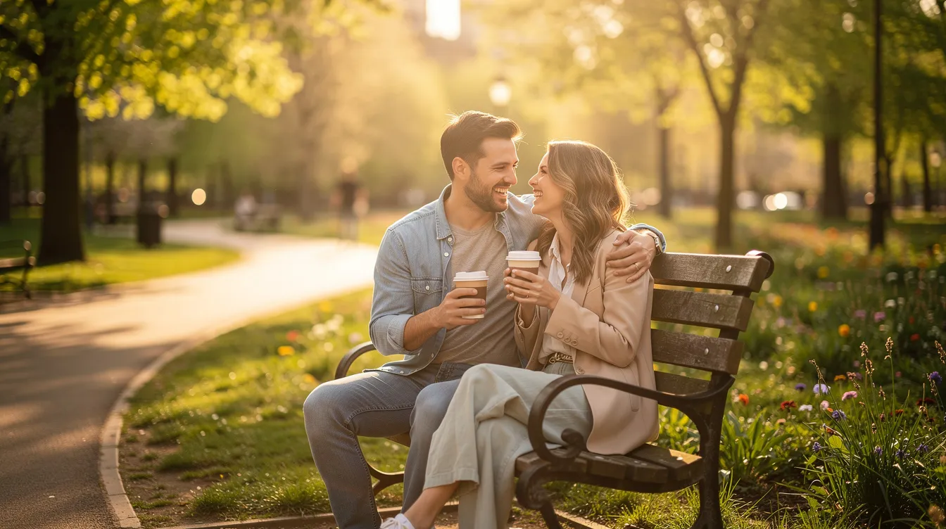 A couple sits on a park bench, enjoying each other's company while sharing a laugh, highlighting the emotional connection that can be vital in adult relationships. Their interaction reflects the importance of secure attachment styles and emotional intimacy in fostering healthy and stable relationships.