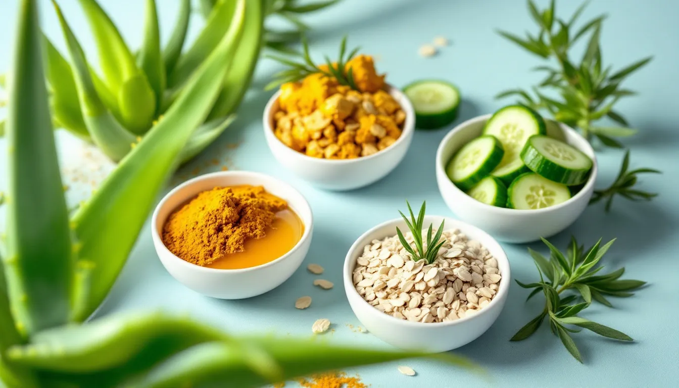 A variety of homemade aloe vera face masks displayed in bowls, showcasing different ingredients.
