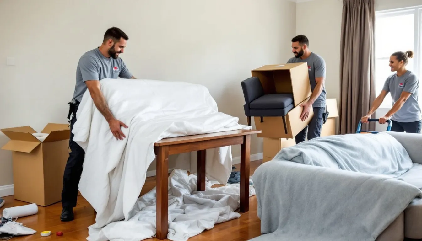 To billeder viser professionelle flyttemænd, der omhyggeligt pakker møbler ind i flyttetæpper for at sikre sikker transport af ejendele. De arbejder effektivt med professionelt udstyr, hvilket gør flytningen problemfri og tryg for kunderne.