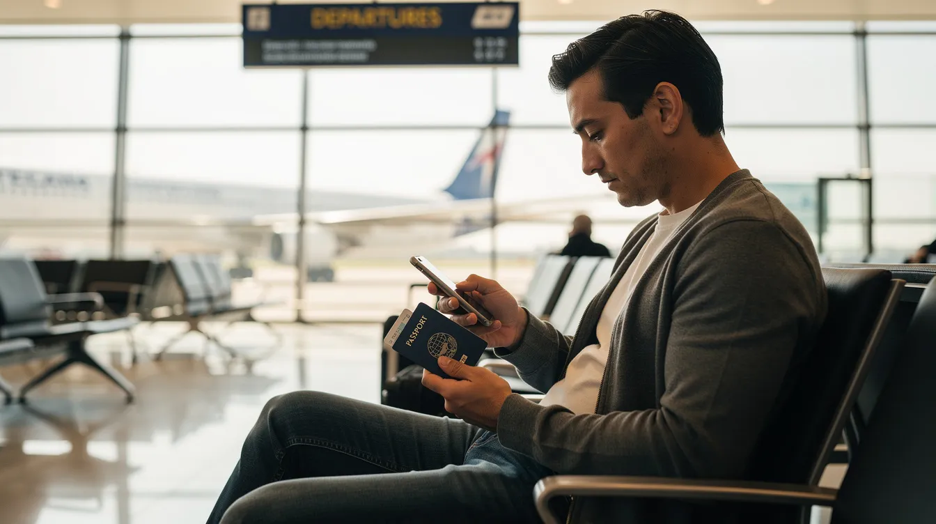 A traveler is seated in an airport departure lounge, holding a passport or travel document in one hand while checking their smartphone with the other. This scene captures the anticipation of visa applicants preparing for travel to the UK or Ireland.