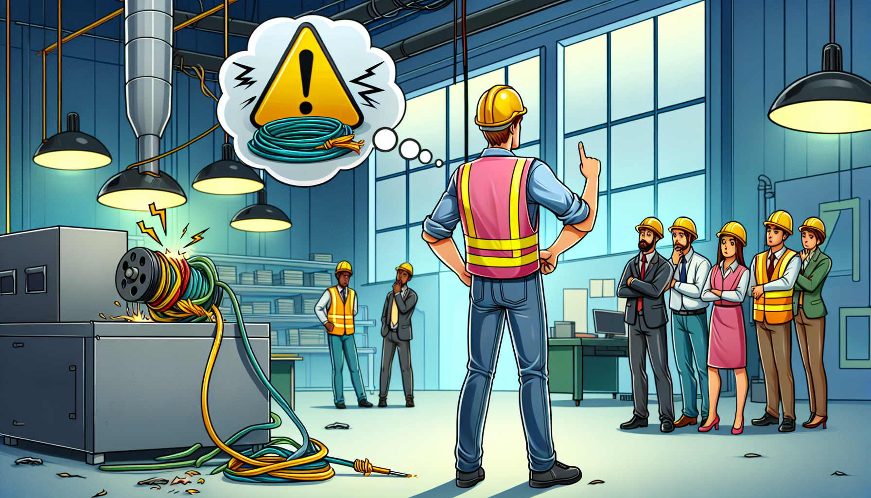 A cartoon illustrating what to do with unsafe conditions at work, focusing on imminent danger.