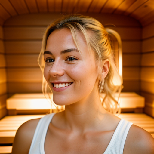 Image of a happy girl in her home sauna.
