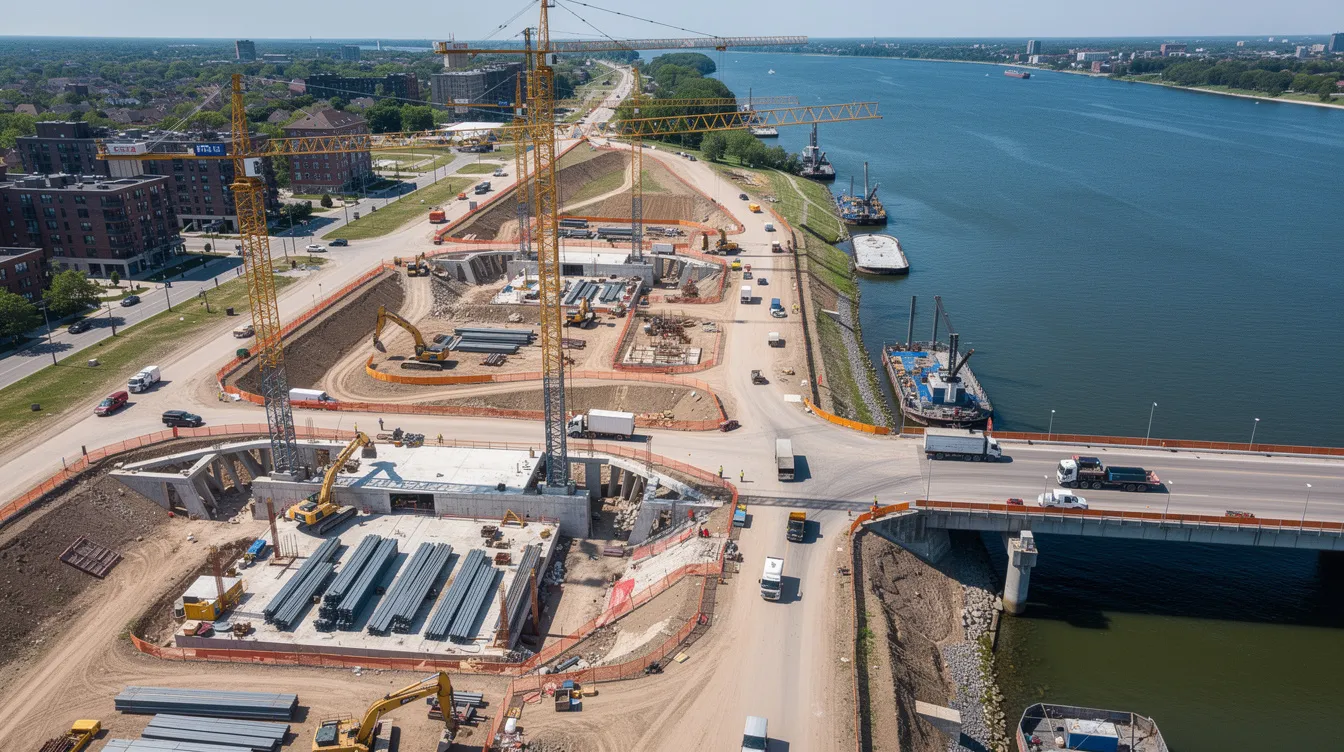 Aerial view of a large infrastructure construction site with cranes and excavators near a river.