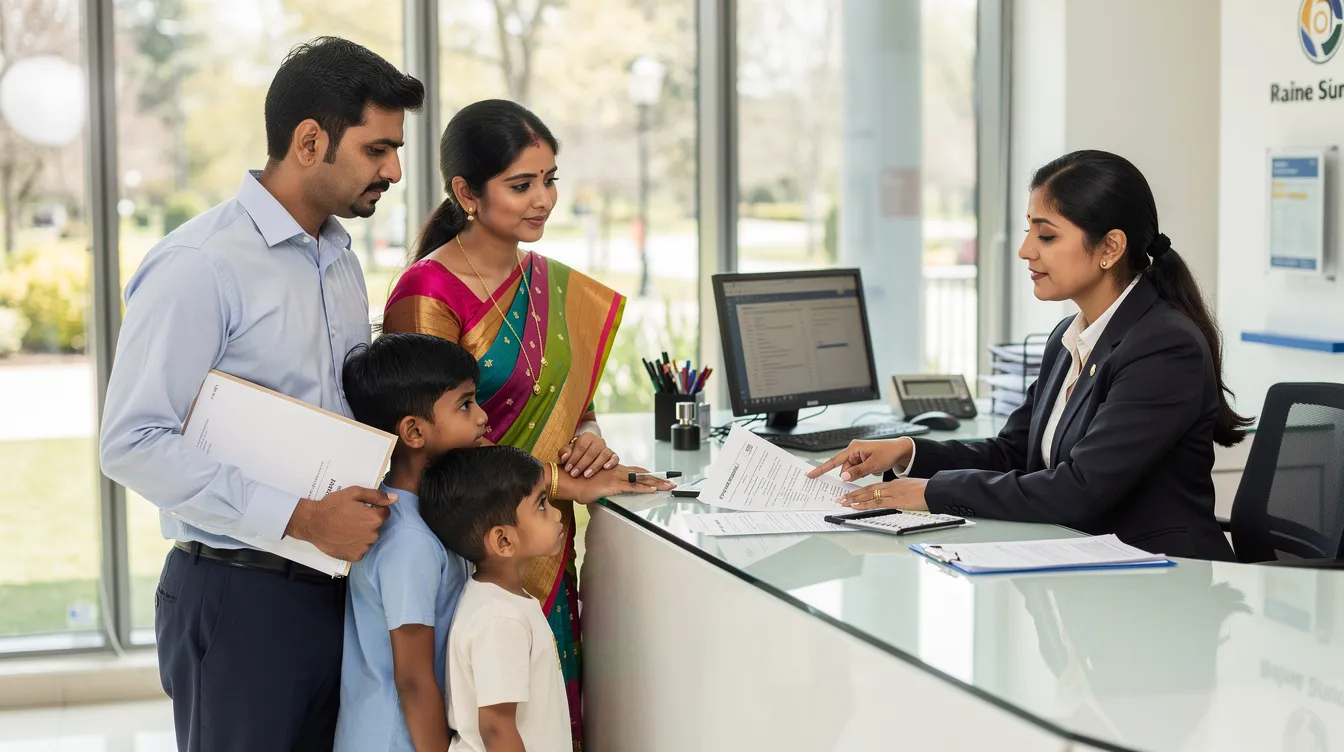 An Indian family is gathered at a bank counter, where a teller is assisting them with paperwork related to their accounts and transactions. The scene reflects a typical banking experience in India, highlighting the importance of services like money transfer and the use of codes such as IFSC and MICR.