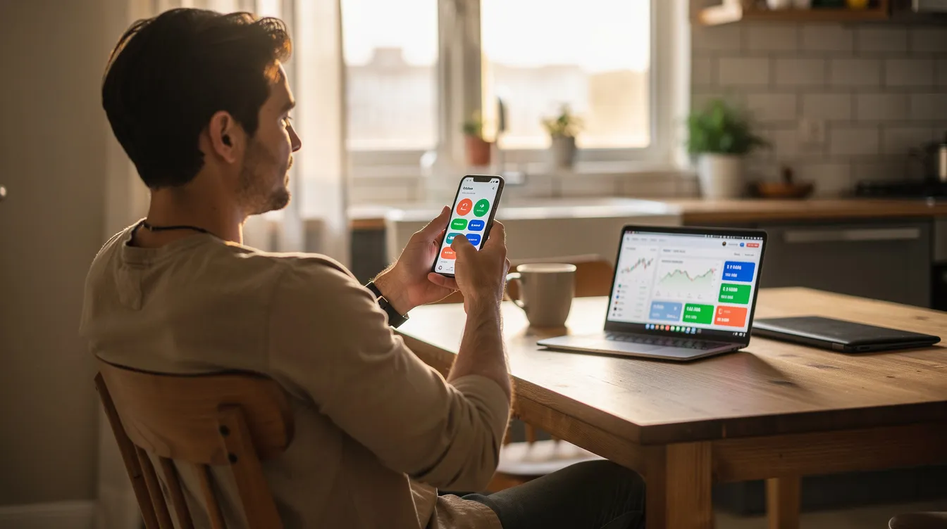 Eine entspannte Person sitzt an einem Küchentisch und hält ein Smartphone in der Hand, was mobiles Investieren symbolisiert. Die Szene verdeutlicht, wie Anleger mit Hilfe von Technologien wie ETFs, insbesondere dem MSCI World Index, in Unternehmen aus 23 Industrieländern investieren können.