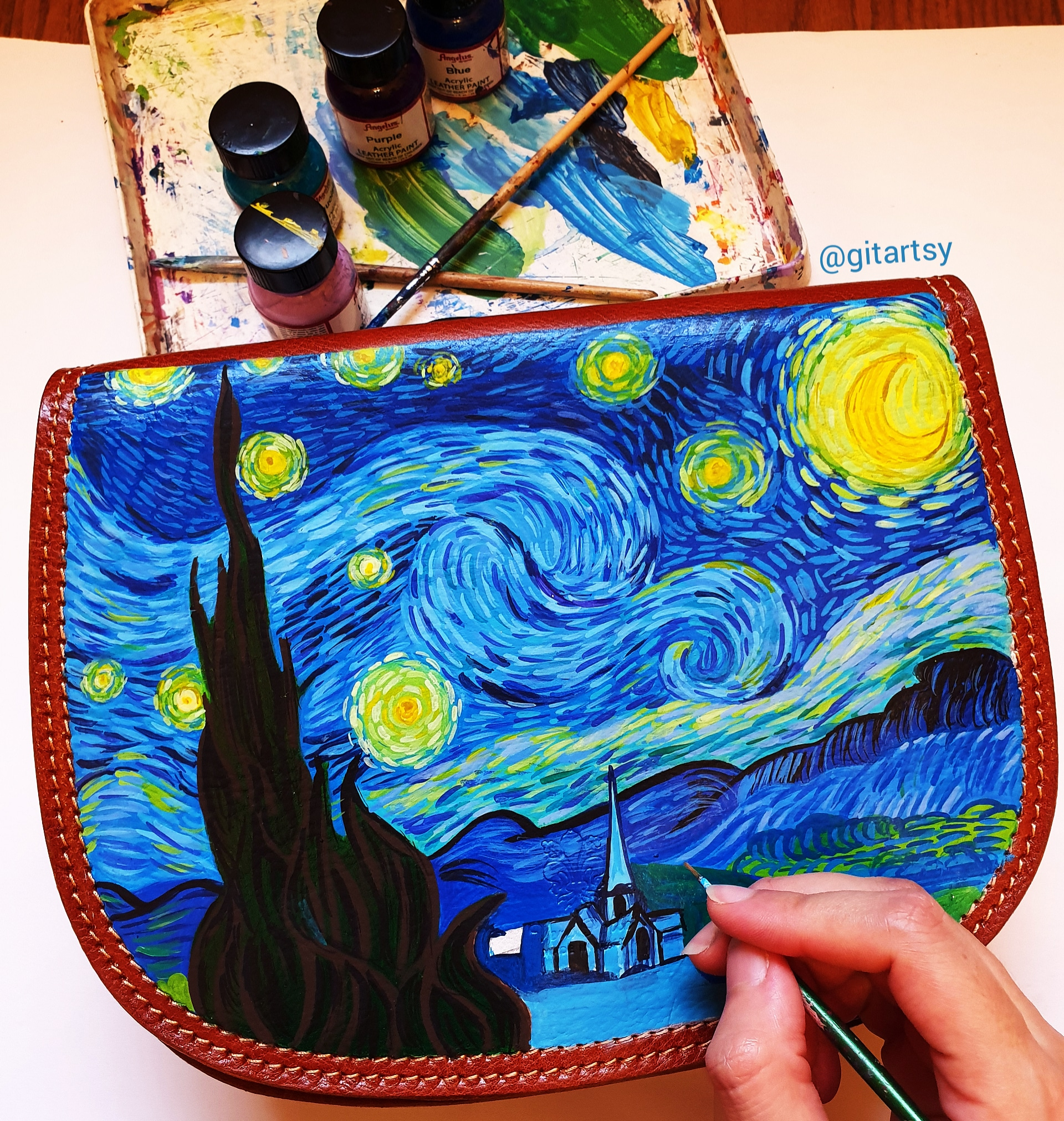 Custom hand painted leather bag - Van Gogh Starry Night being painted on the bag 