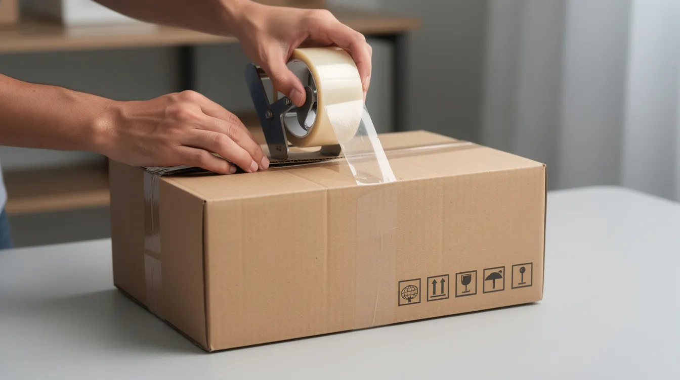 The image shows hands sealing a cardboard shipping box with packing tape, preparing it for delivery. This step is essential for ensuring that buyers receive their items securely, which can lead to positive feedback and help sellers save on shipping costs.