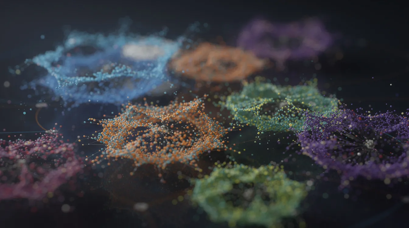 An abstract visualization showcases colorful dots clustering in three-dimensional space, symbolizing vector similarity, which is a key concept in machine learning algorithms and statistical analysis. This representation highlights the complex relationships and patterns that can emerge during model training, essential for understanding AI systems and their performance.