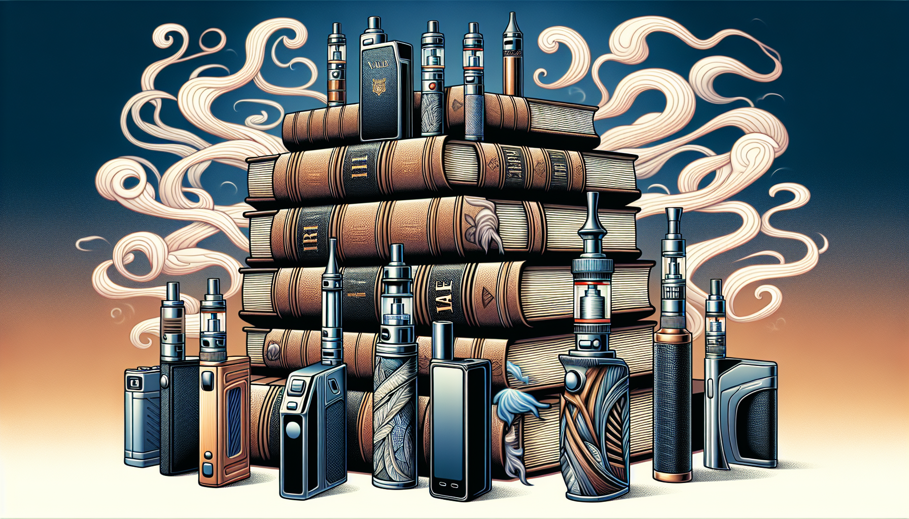 A symbolic representation of the legal aspects of HHCP Vapes, showing law books and vapes.