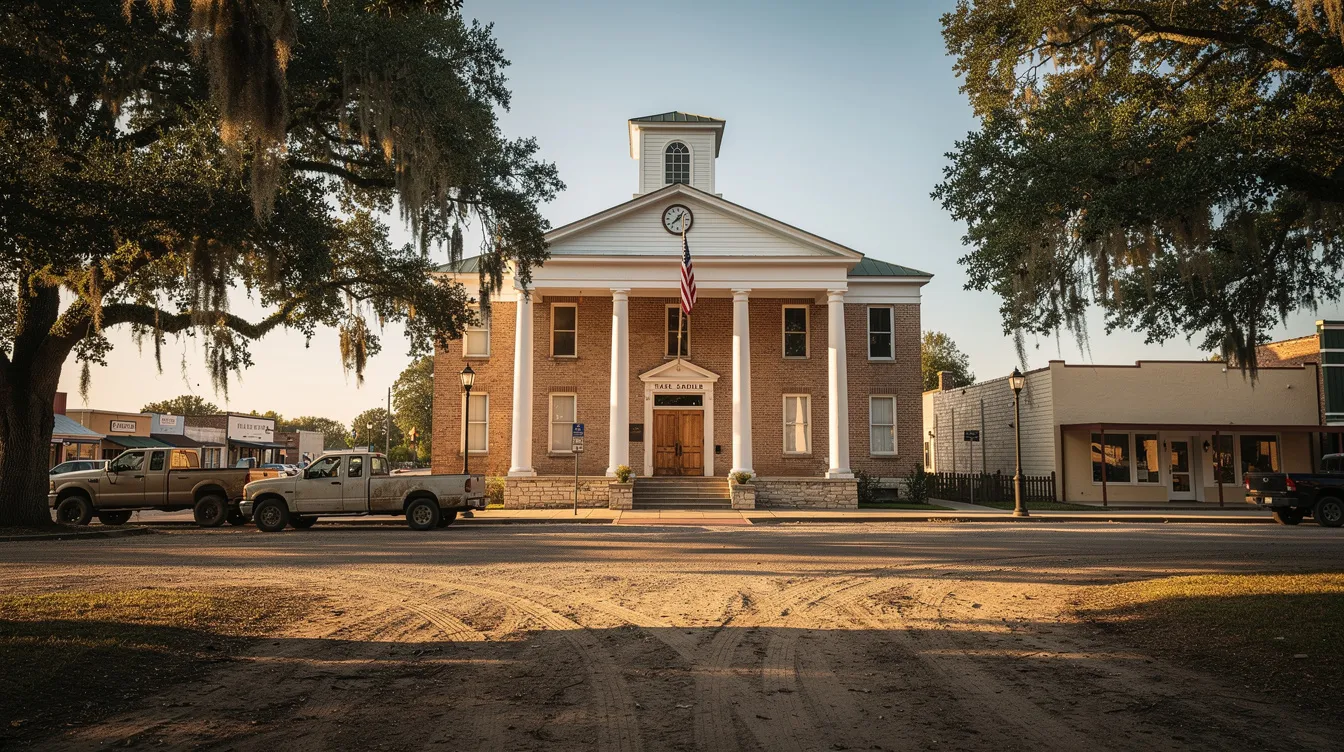 The image depicts a quiet courthouse exterior in a small Southern town, surrounded by trees and dusty streets, reminiscent of the setting in Harper Lee's "To Kill a Mockingbird." This scene evokes themes of racial injustice and moral courage, reflecting the societal norms and struggles faced by characters like Atticus Finch and Tom Robinson in their fight for racial equality.