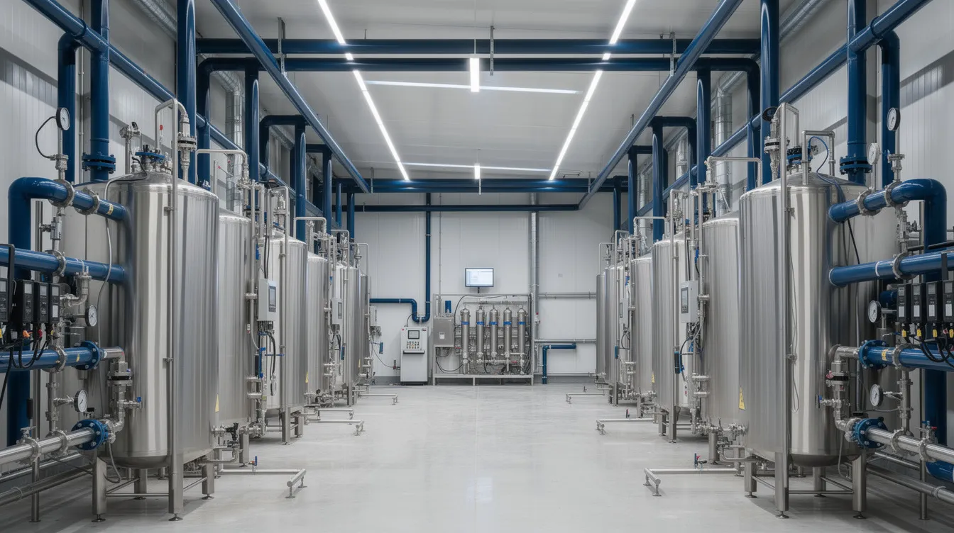 The image depicts a large industrial water purification facility featuring stainless steel tanks and extensive blue piping, highlighting the advanced water treatment processes essential for producing clean drinking water. This facility is crucial for the bottled water industry, ensuring high-quality purified water for both urban and rural areas.