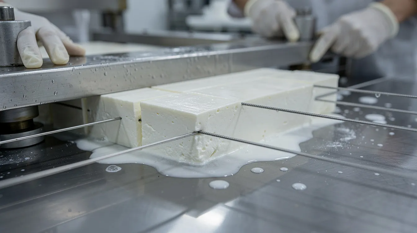 8fdb2ddf 3808 4985 af85 f81b6c7ddf59 The image depicts fresh white paneer blocks being pressed and cut on a gleaming industrial stainless steel processing table, an essential part of the dairy processing industry. This scene highlights the meticulous manufacturing process involved in producing value-added dairy products from raw milk.