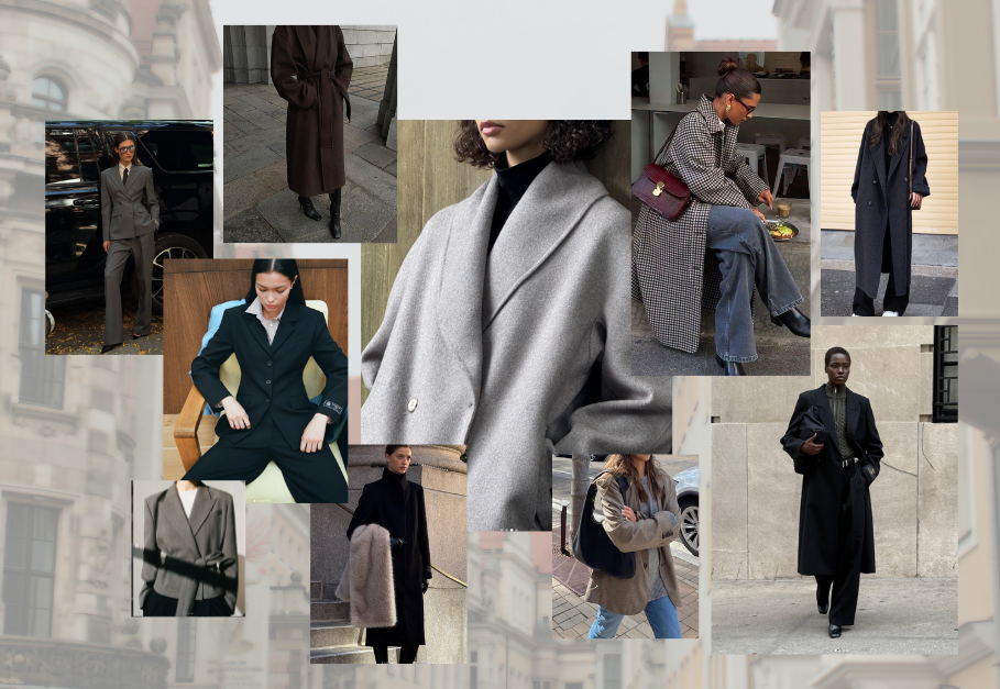 Collage of fall jackets and coats for work capsule wardrobe inspiration including classic blazer, lightweight jacket, and wool coat