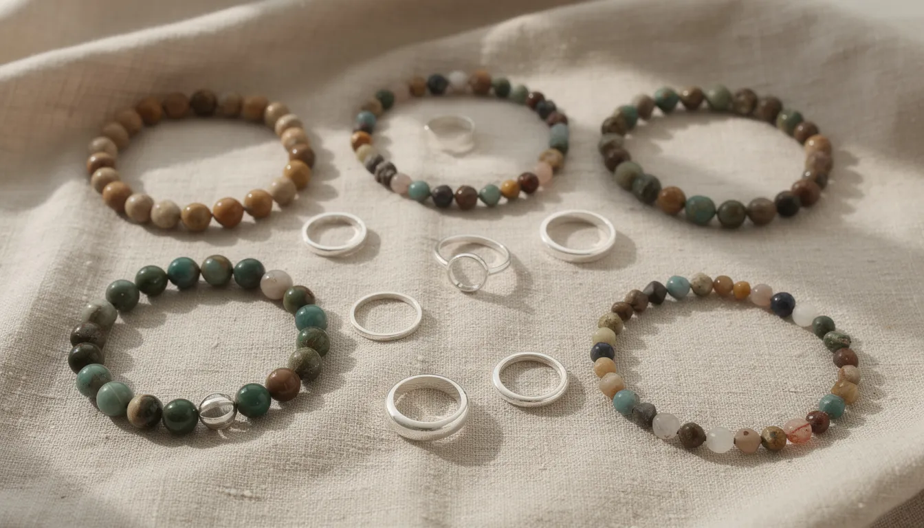 An array of colourful handmade beaded bracelets and elegant sterling silver rings is displayed on a natural fabric background, showcasing the craftsmanship and quality associated with the jewellery industry. This beautiful arrangement highlights the commitment to professionalism and integrity upheld by members of the National Association of Jewellers.