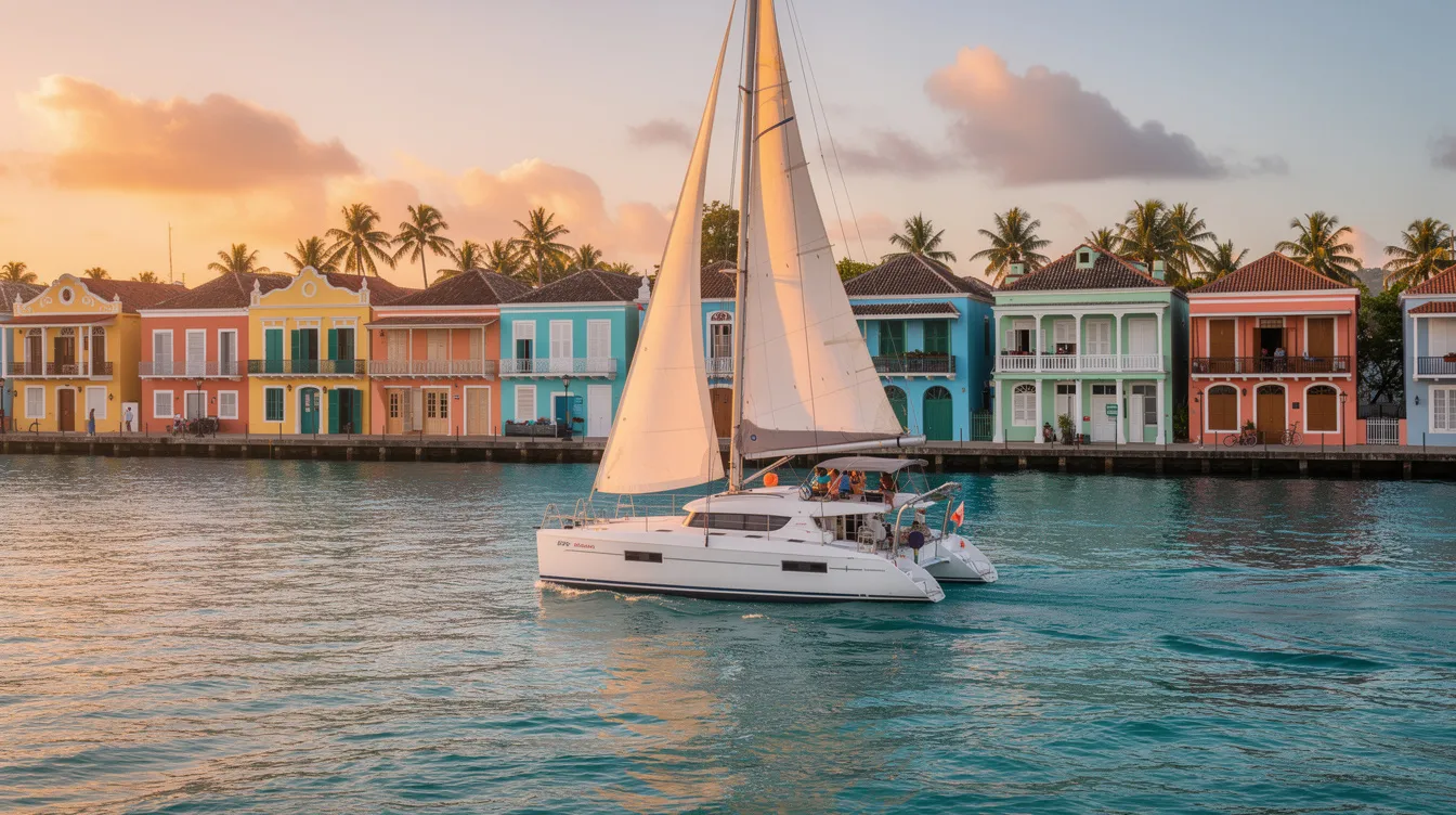 Um catamarã navega em águas caribenhas de um azul turquesa vibrante durante a hora dourada, com coloridas construções coloniais de Willemstad ao fundo, criando um cenário paradisíaco que reflete a diversidade cultural e a beleza das ilhas ABC, como Curaçao.