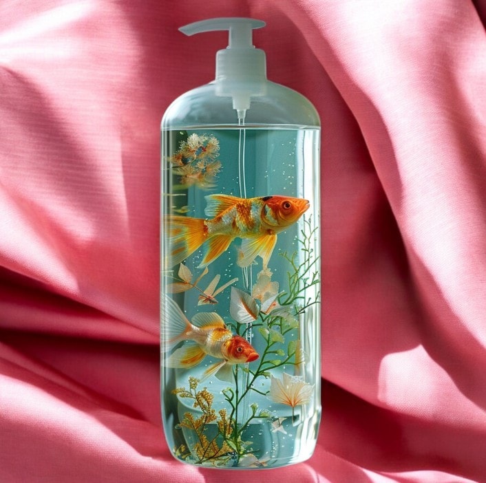 Close-up of a soap dispenser with goldfish design, showing high-resolution detail and a pink fabric background with realistic texture folds.