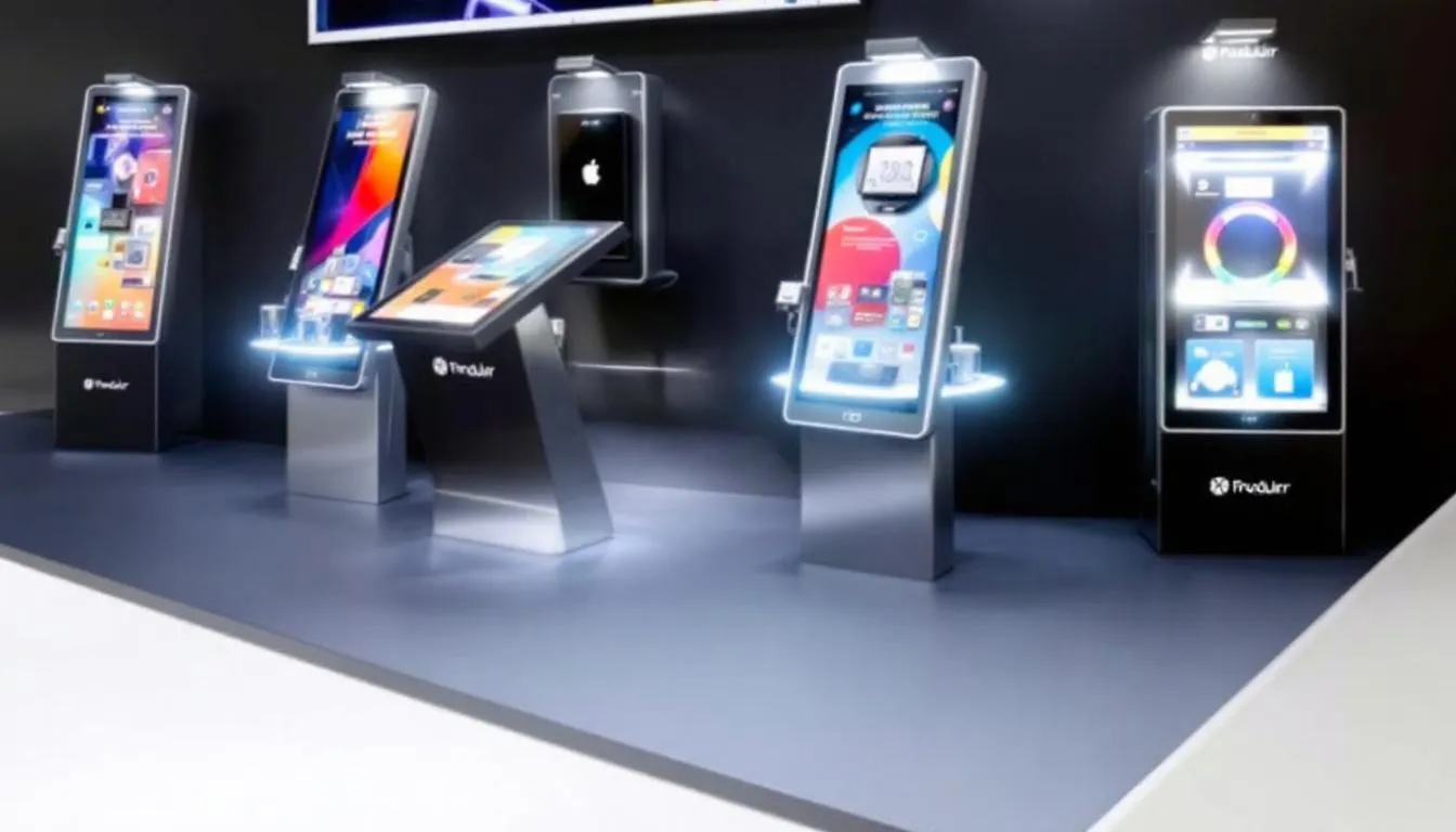 The image features a close-up view of interactive booth components, highlighting touch screens and product displays that are part of a custom trade show booth setup. These elements are designed to engage attendees and enhance the overall trade show presence, showcasing a wide selection of products and services for potential clients.